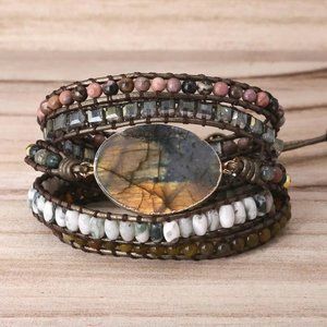 Natural Agate Jasper Stone Beaded Bracelet Labradorite Stone Charm Wrap Bracelet